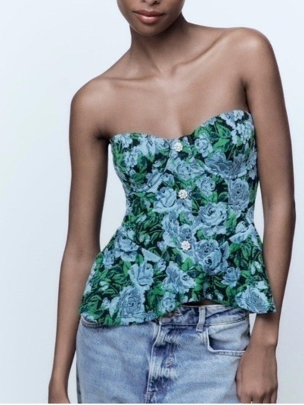 Zara Strapless Floral Peplum Top in Green size Small